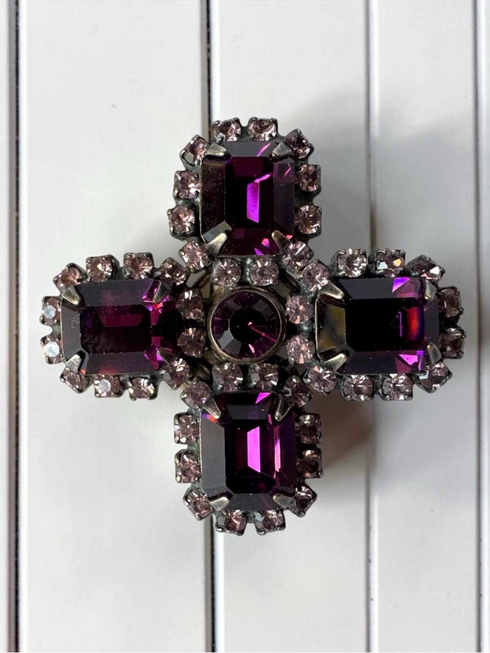 Liz Palacios Purple Rhinestone Cross Brooch Pin Vintage Style Statement Jewelry